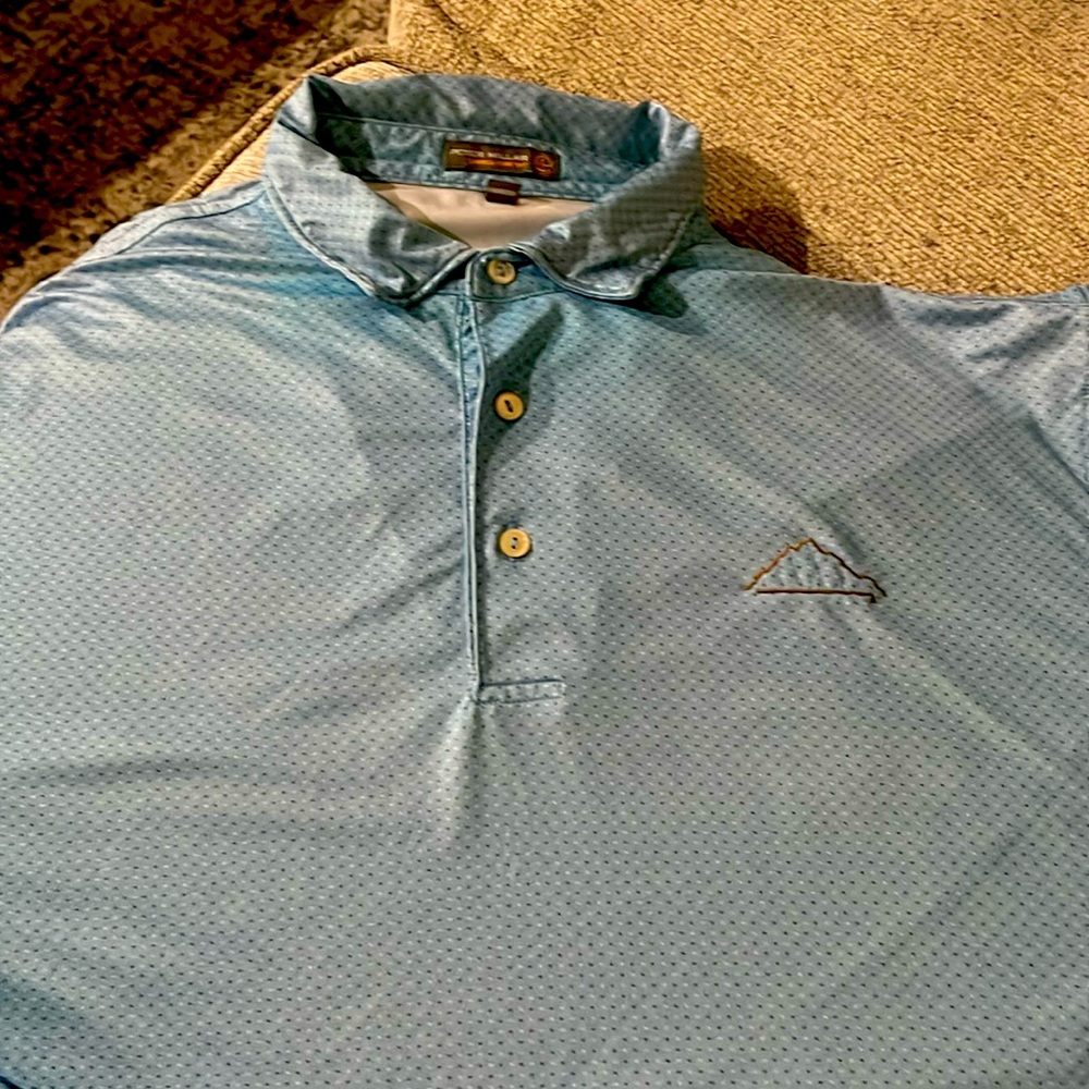 Men’s Peter Millar polo, Size Large, light blue with white and grey dots